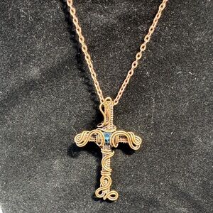Copper Wire-Wrapped Cross Pendant Necklace with Labradorite